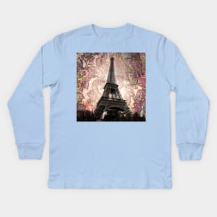 Floral Eiffel Tower in Paris, France Kids Long Sleeve T-Shirt